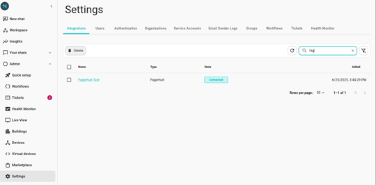 The Integrations settings page showing a Fagerhult card with a teal "Connected" badge
