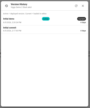 The Version History dialog with three version rows. The newest row carries the Active chip; an older row is selected and shows the Load and Make active buttons