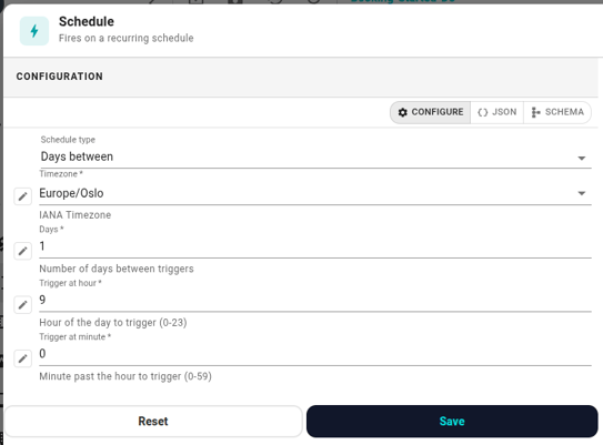 Schedule trigger settings panel showing the "Days between" option selected, with fields for timezone (Europe/Oslo), days=1, triggerAtHour=9, triggerAtMinute=0.