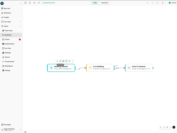 Workflow editor with a three-node workflow on the canvas, toolbar showing on node hover.
