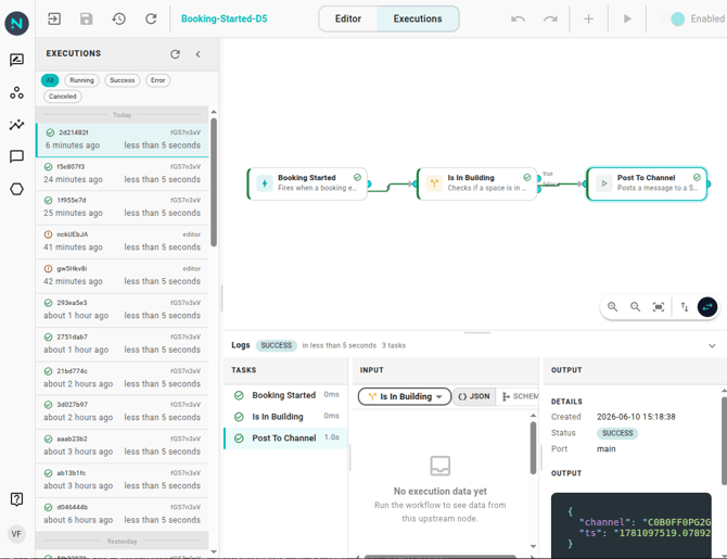 Log panel for a Send Slack DM node, with the Executions tab selected. A table shows the last executions with columns for started-at, duration, and status (success / error).