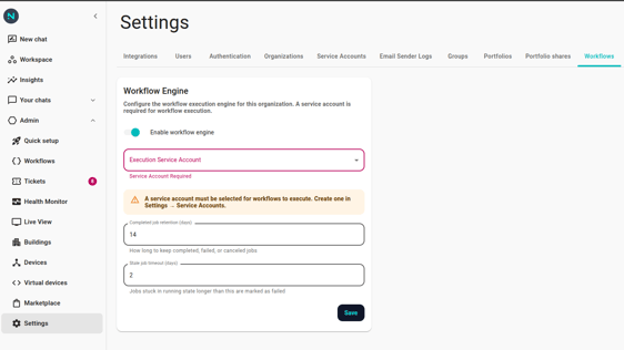 The Workflow Engine page with the enable toggle on but no service account selected. The yellow warning banner sits between the dropdown and the retention field.