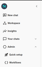 The Neowit left navigation with the "Workflows" entry newly visible between existing items. The entry has a DataObject icon and the label "Workflows".
