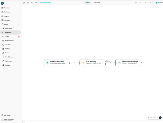 Workflow editor showing a simple three-node chain: a trigger on the left labelled "Booking No-Show", a condition in the middle labelled "If guest was auto-booked", and an action on the right labelled "Send Slack DM". Arrows connect left to right.