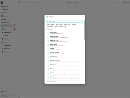 An empty workflow editor with the canvas and Add Node taking up most of the screen. The workflow title "No-show Slack alert" is visible at the top.