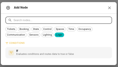 Add Node Dialog, If node, Conditions header and Logic filter pill selected.