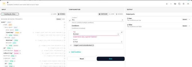 The If node's settings panel open, showing one condition row. Type field shows Boolean, Value field displays a chip reading "trigger1.event.isAutoBooked" and the Operation dropdown shows "Is True".