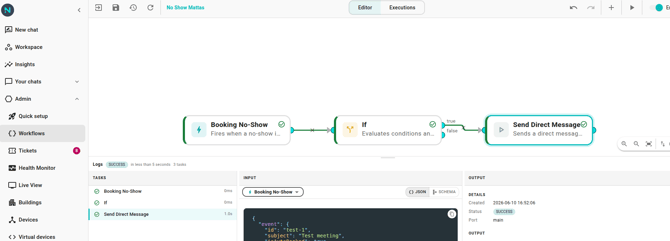 The Test panel at the bottom of the editor showing three node cards: trigger (green), If (green, taking the "true" branch), and Send DM (green)..