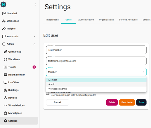 User detail page in Settings → Users, with the Role dropdown showing "Admin" highlighted.