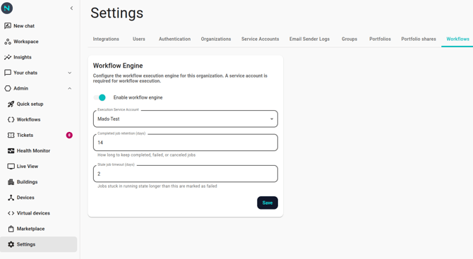 Workflows settings page with the "Workflows" tab selected. Fields visible: Enabled (toggle), Service account (dropdown), Completed job retention (days), Stale job timeout (days).