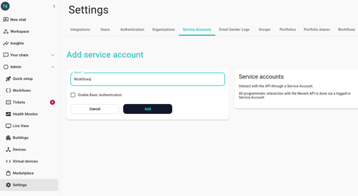 The Add service account form with "Workflows" typed into the Name field and the "Enable Basic Authentication" checkbox unchecked. The description card on the right explains what service account