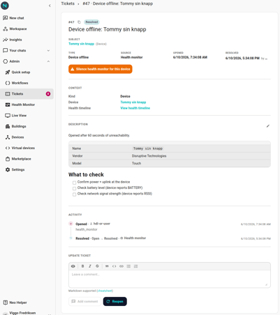 The ticket detail view: state chip + flap chip + ticket id with copy button at top; Subject / Type / Source / Opened / Resolved as a metadata strip; an activity timeline with two events (Opened by health-monitor, Resolved by user); a Context section with vendor and model; an Update ticket area at the bottom with a comment field and Start / Resolve buttons.