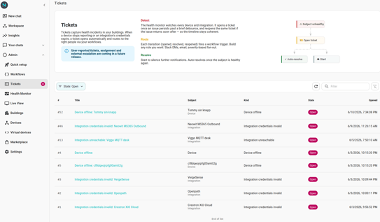 he /tickets list page with the primer hero at top, a state filter set to Open, the substring search box, and a sortable table
