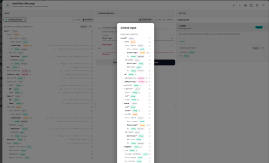 The Select input dialog with two expanded sections: the trigger's output schema showing organizer.email nested under organizer, and a downstream Slack action's output showing channel and ts.