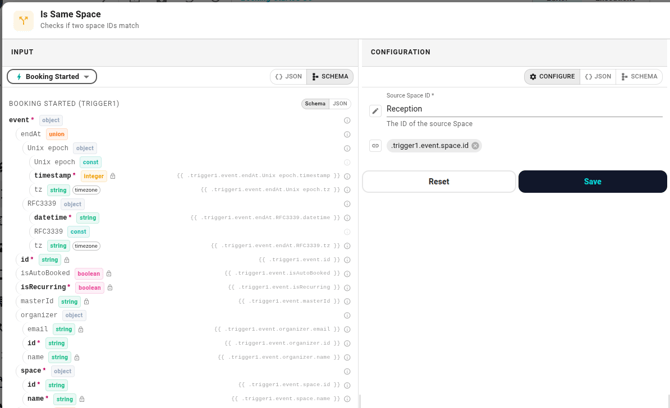 The Is Same Space inspector. Source Space ID is set to a fixed picker showing "Reception". Target Space ID's mode button on the left has been switched to Data reference, with a chip below the field reading event.space.id.