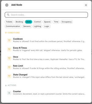 The Add Node dialog filtered to the Conditions group, showing the five stateful conditions: Every N Times, Cooldown, Rate Limit, Once, and State Changed.