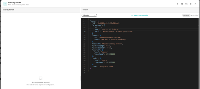 The trigger input dialog, showing a Monaco JSON editor populated with a sample event payload. The "Import from execution" button sits above the editor, and a Run button is visible at the top right.