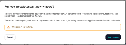 Confirmation dialog with the warning text and the destructive "Yes, remove" button highlighted.