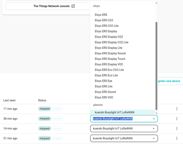 The Devices table with one row marked Discovered and the Model dropdown open, showing "kuando Busylight IoT LoRaWAN" highlighted.