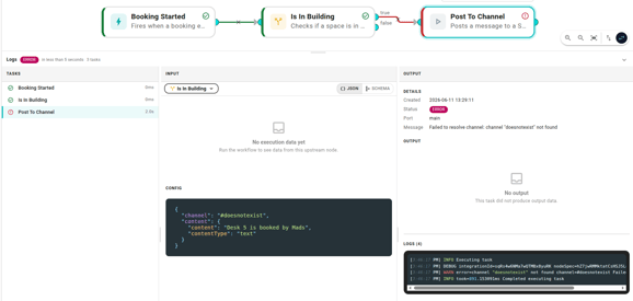 Execution detail view showing three nodes: trigger (green), If (green), Send Slack DM (red with "error" label). An expandable details section under the red node shows the error message.