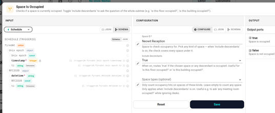 The finished workflow on the canvas: a Schedule trigger connected to a Space Is Occupied condition with the inspector visible (Include descendants is on, Space types is empty). The condition's false port goes into a Set Light action; the true port is unconnected.