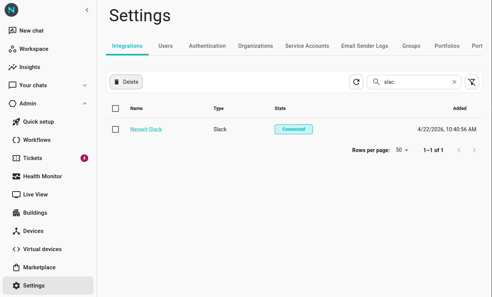 Neowit Integrations settings page showing a Slack card labelled "Connected"