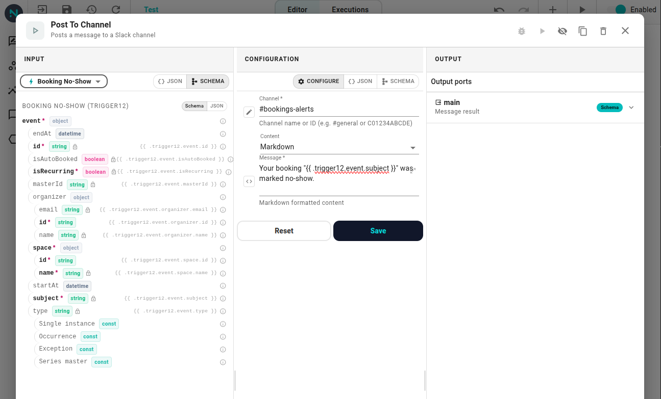 Send to channel node inspector. "#bookings-alerts" is selected.