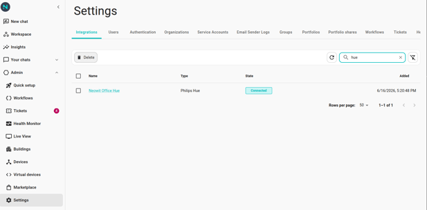 The Integrations settings page showing a Philips Hue card with a teal "Connected" badge, the bridge's name below it, and a Synchronize button on the right.