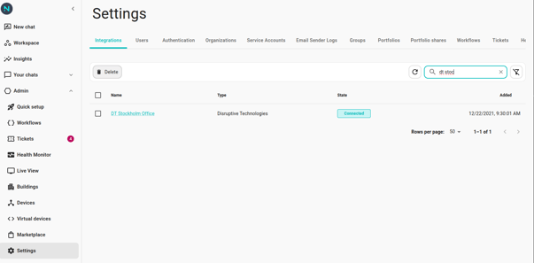 The Disruptive Technologies integration card on the Integrations page, showing a teal "Connected" badge