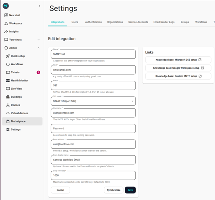 The SMTP integration settings page with Host, Port, TLS mode, Username, From address, and From name filled in. The Save button is highlighted at the bottom.
