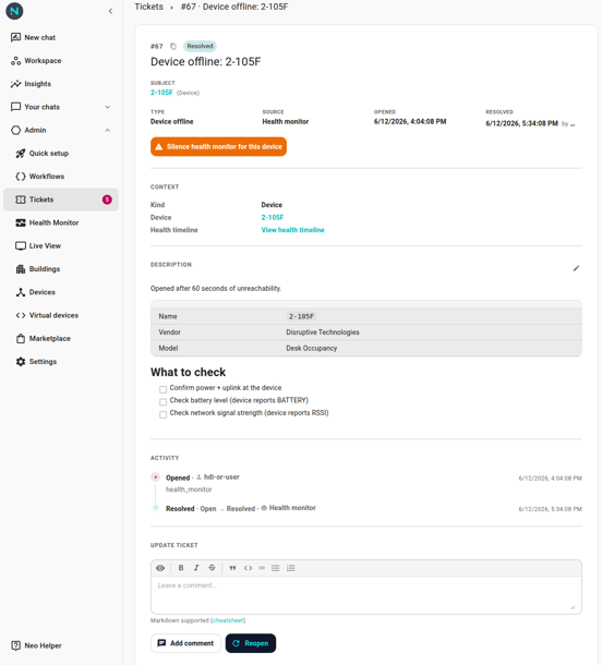 The ticket detail page for an Resolved device-offline ticket. Header with #67 and state chip; metadata strip showing Subject / Type / Source / Opened; a Context section with Device links; an Activity timeline with two events; an Update ticket area at the bottom with the markdown editor + Reopen button.
