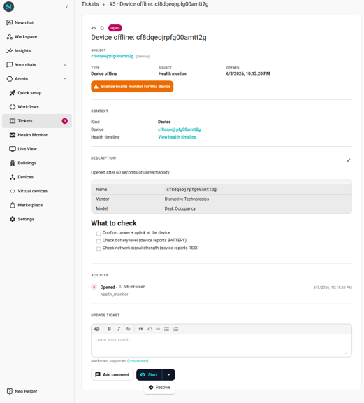 The Update ticket section on an Open ticket. Buttons visible: Add comment (outlined), Start (contained, primary). The Resolve action sits inside the More-actions chevron menu next to Start.