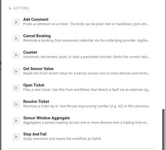 The Add Node dialog with the Actions group expanded, showing the four actions (Post To Channel, Send Direct Message, Set Light, Stop And Fail). The search field is empty; the Triggers and Conditions groups are collapsed above.