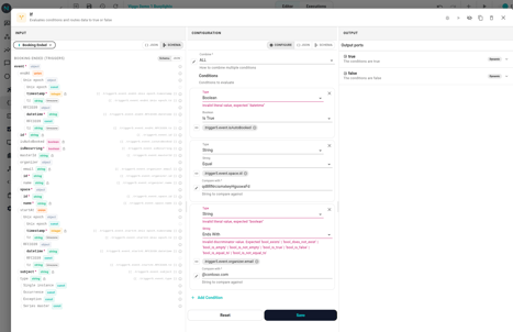 If node inspector with three condition rows: (1) isAutoBooked equals true, (2) spaceId equals "spaceId", (3) organizer email contains "@neowit.io". Above the rows is a toggle set to "All".