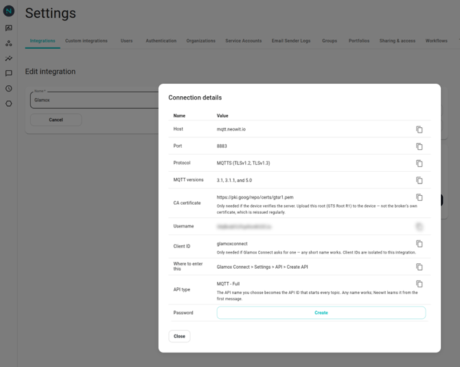 The Glamox integration's Connection details dialog: host mqtt.neowit.io, port 8883, protocol MQTTS, the username, client ID glamoxconnect, API type MQTT - Full, and a Create button for the password.