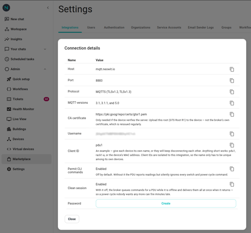 The Gude integration's Connection details dialog, listing host mqtt.neowit.io, port 8883, the username, an example client ID, the CA certificate link, and a Create button for the password.