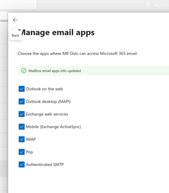 The Manage email apps panel for a single mailbox, with "Authenticated SMTP" checked and other protocols (POP, IMAP, MAPI) left as-is.