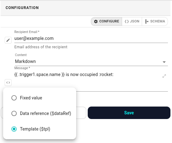 An action's inspector panel with one configuration field open. The mode button on the left of the field is expanded, showing the three options: Fixed value, Data reference ($dataRef), Template ($tpl).